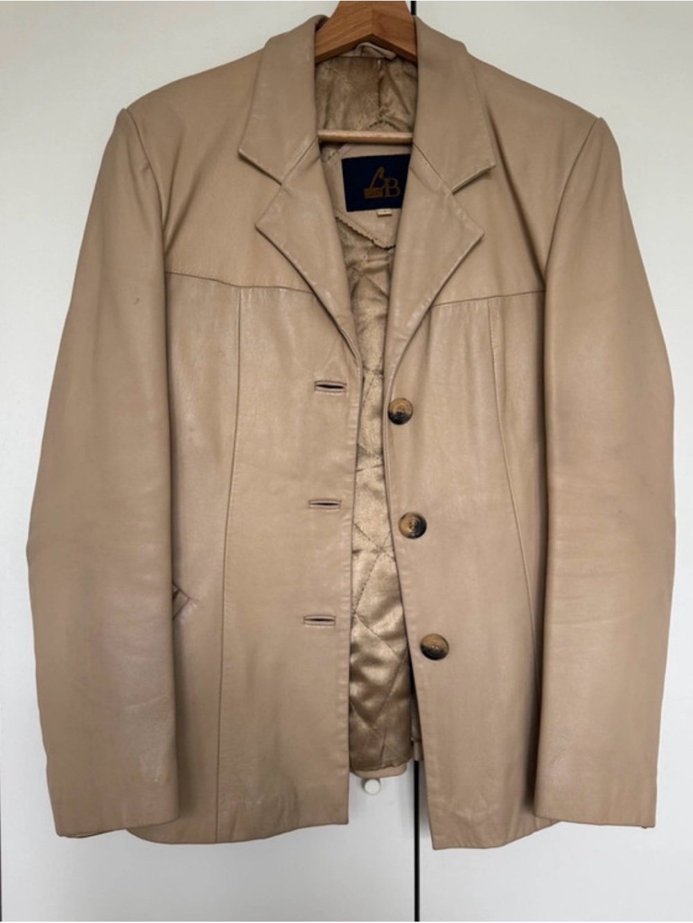 Vintage Beige Leather Button-Front Jacket Blazer